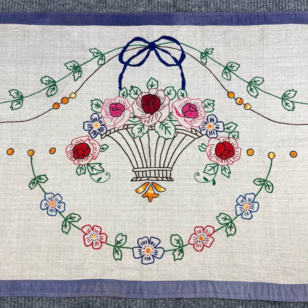 Vintage Table Runner Embroidered Floral Basket Blue Border Farmhouse Cottage